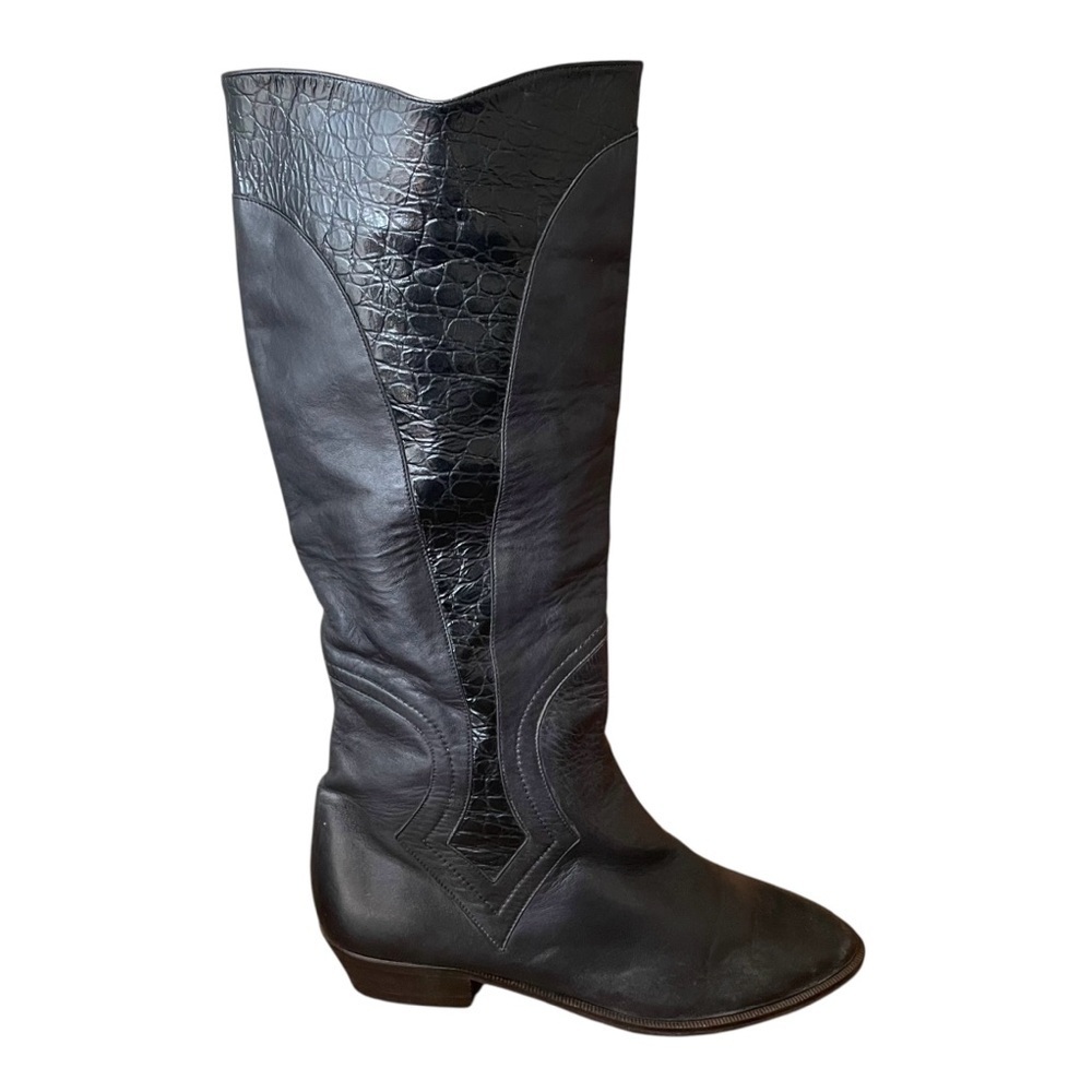 Bally Black Leather Croc Embossed Boots Size 8